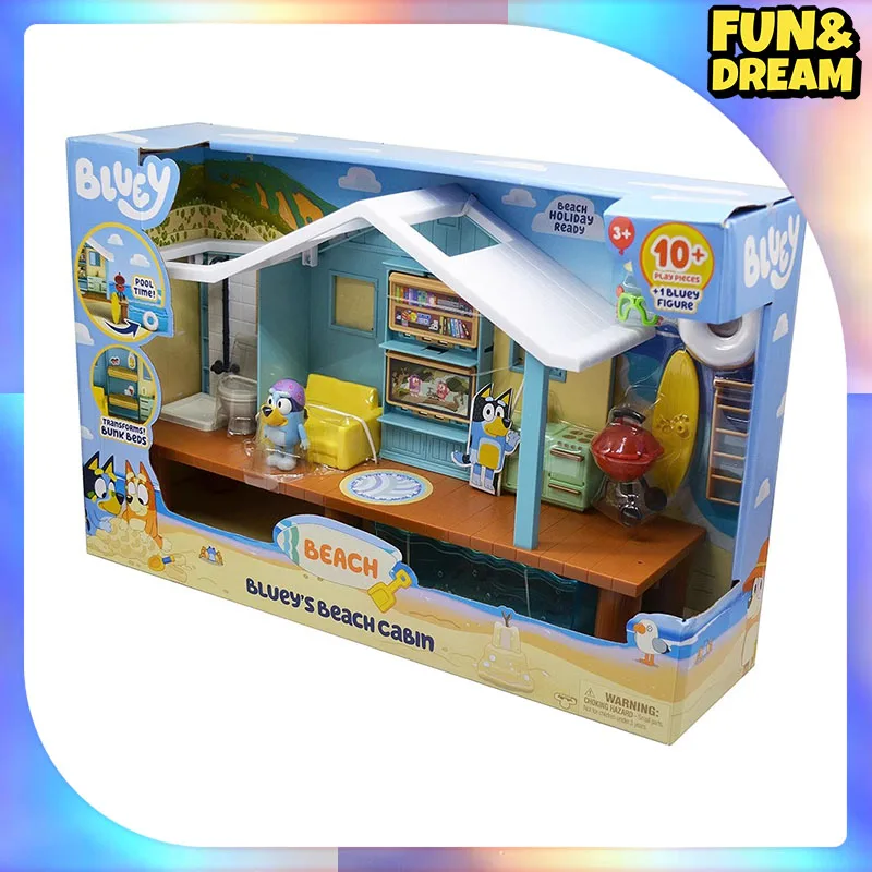 Oryginalne Bluey Pool Scene Dolls Beach Splash House Playset Beach Cottage Set Pełny zestaw lalek Beach Resort Prezent urodzinowy