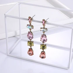 Vintage Jewelry Fashion Accessories Wholesale Long Champagne Pink Rainbow Crystal Rhinestone Water Drop Earrings for Women