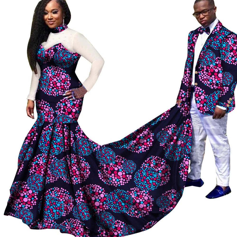 

African Couple Clothes Peals Yarn Long Sleeve Dress for Women Riche Men Print Blazer Suits Traditional Party Wedding Clothing