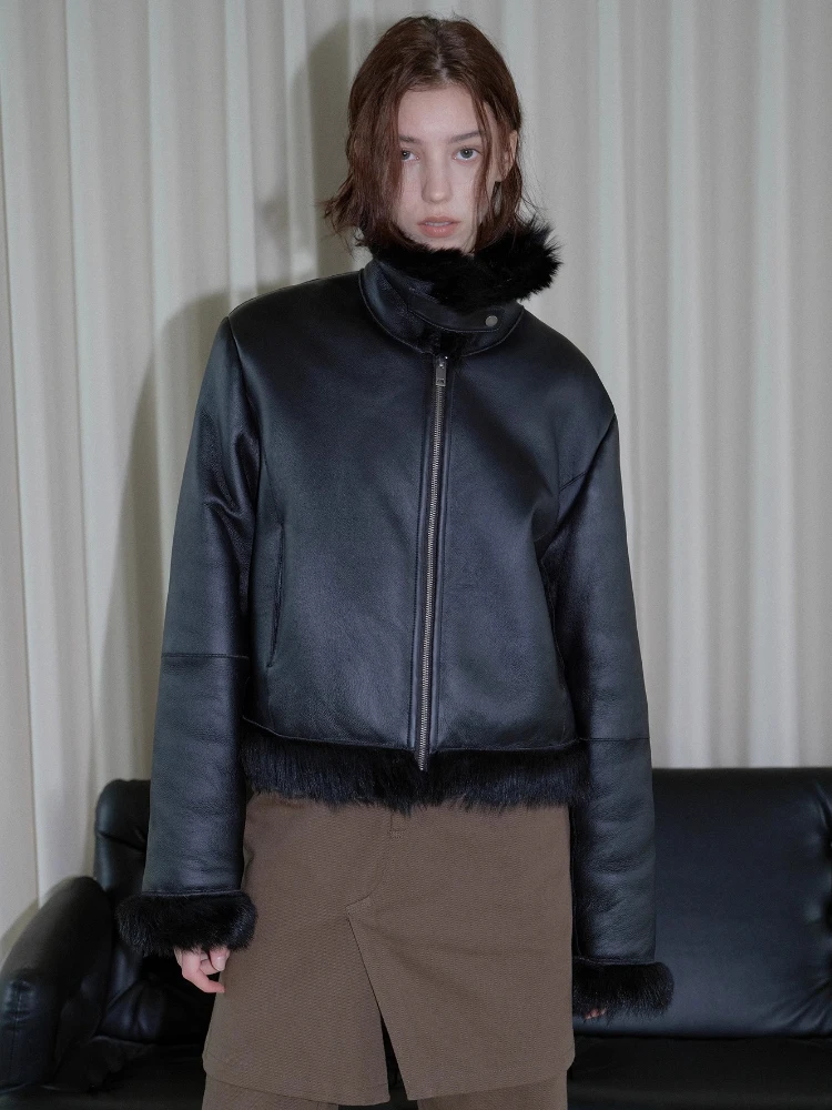 

High-end Luxury Toscana Lamb Fur Winter Motorcycle Jackets for Women 2026 New Simple Black Short Genuine Leather Real Fur Coat