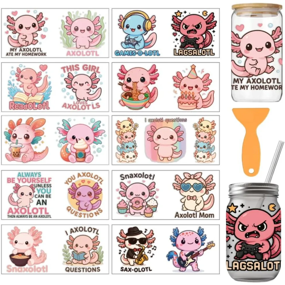 10 Blatt Niedliche Cartoon-Axolotl UV DTF Becherfolie für 16OZ Gläser, Herz, Wasserpflanzen, Haarband, zum Aufreben