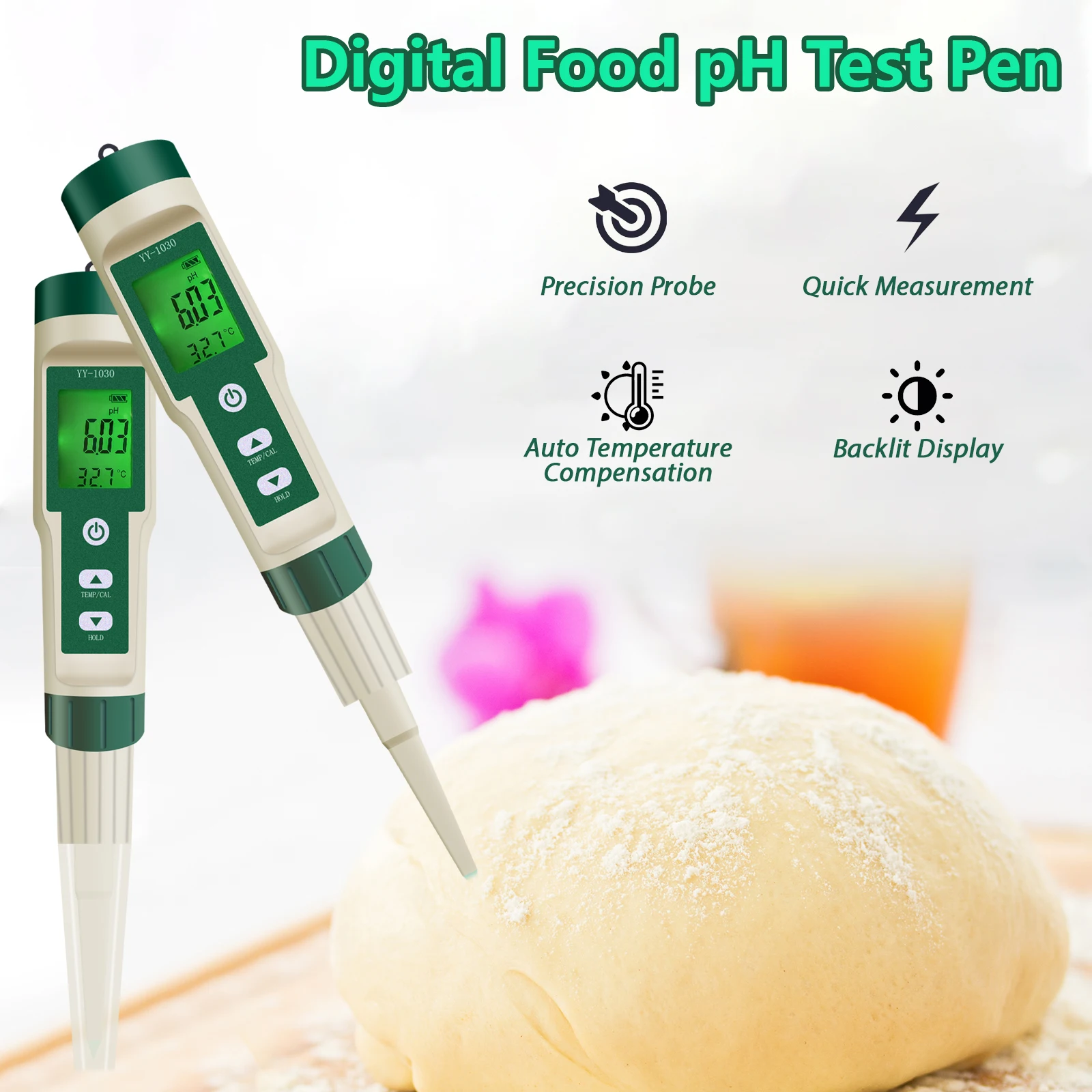 YY1030 PH Tester Dough Alkalinity Meter Fruit Cheese Cosmetics Food PH Meter 0.00-14.00 Soil Matrix PH Detector Temperature