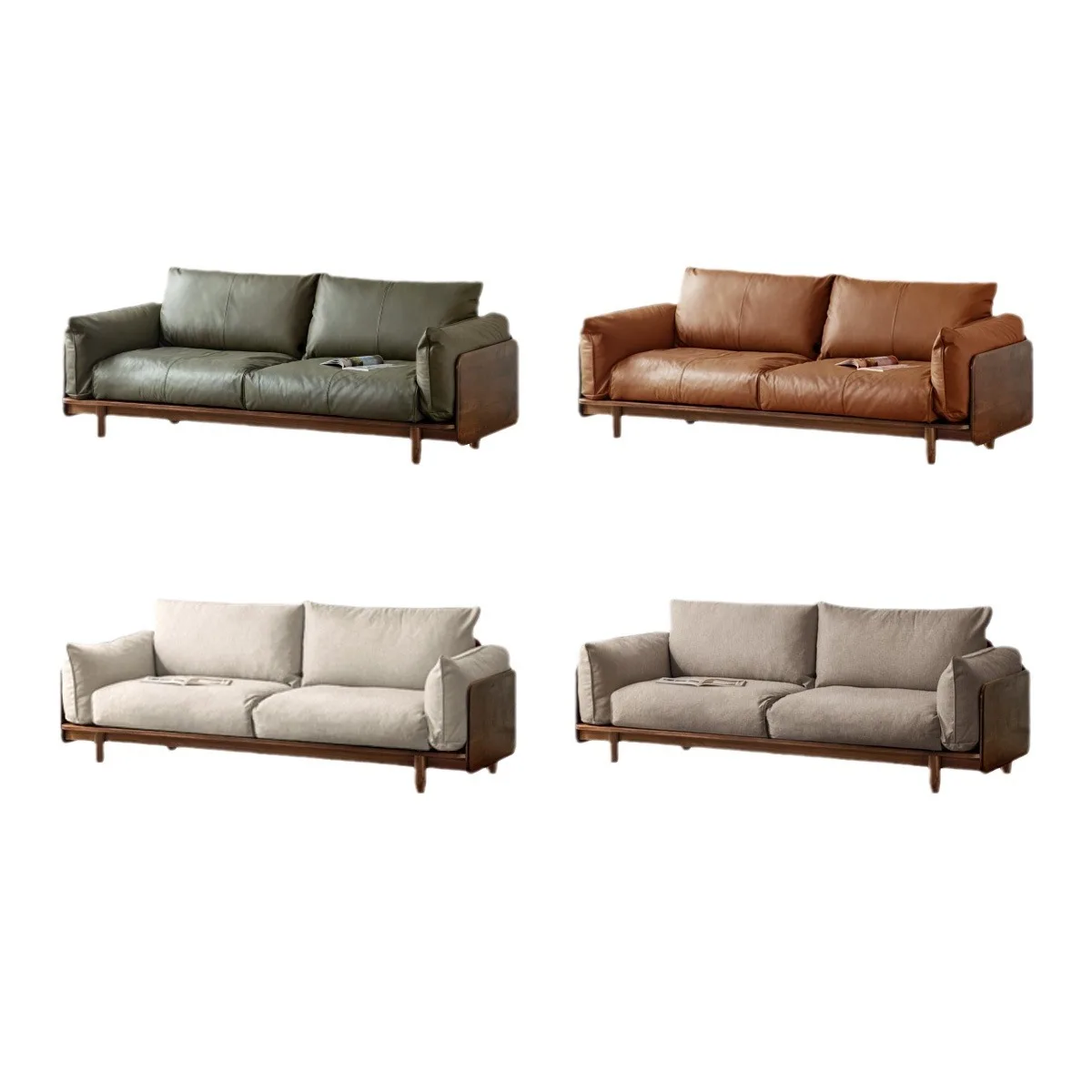 

Living room leather sofa straight row black double black walnut sofa