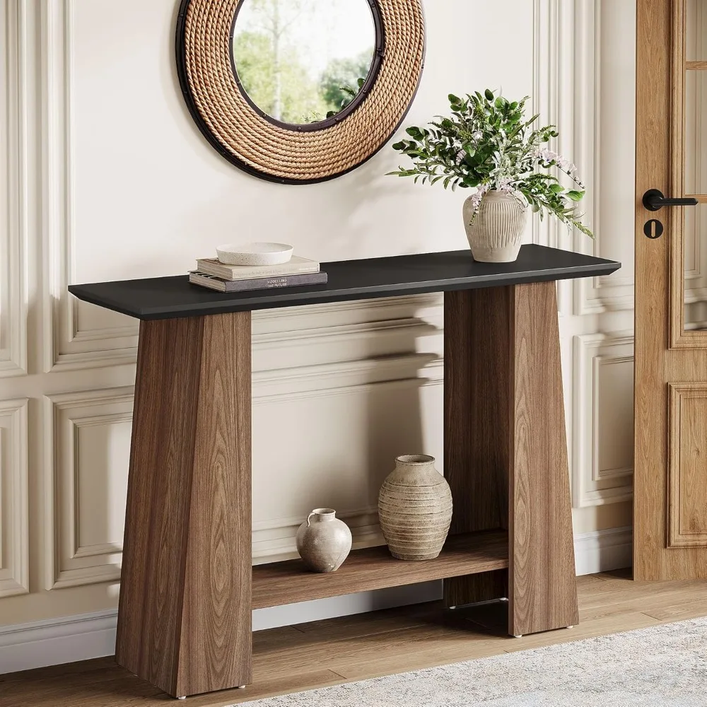 47.24 Console Table for Entryway, Mid-Century Modern 2-Tier Narrow Wooden Sofa Table Behind Couch with Storage Shelf