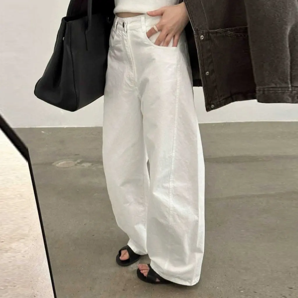 

Women's White Cotton Straight Wide-Leg Pants 2025 New Loose Casual Nine-Point Scimitar Shape Banana Sickle Style