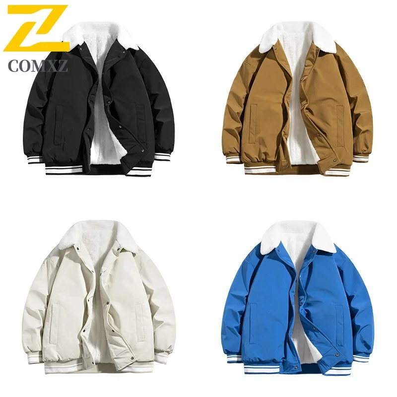 COMXZ 2025 Autumn Winter Sherpa Print Collar Cotton Jacket Unisex Loose Fit Thick Warm Outwear tactics lightweight windbreaker
