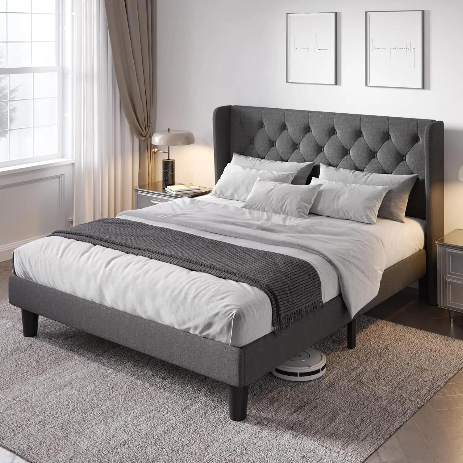 

Queen Size Bed Frame with Button Tufted Wingback Headboard, Upholstered Platform Bed with Wooden Slats Support - No Box