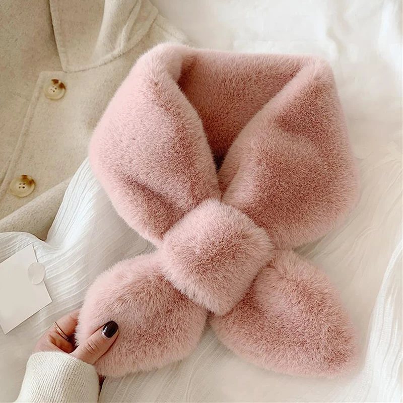 Fake Rabbit Fur Collar Scarf Women Keep Warm Thickening Fur Sjaal Colorful Cross Winter Scarf Autumn Winter Fake Fur Plush Elega