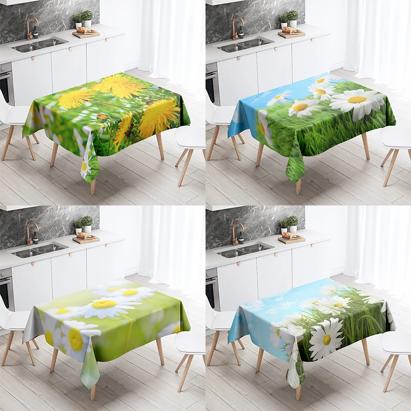 Small Daisy Tablecloth Floral  Anti-Stain Waterproof Rectangular Kitchen Dining Table Home Decor