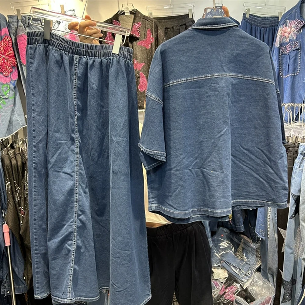 Camisa vaquera holgada con corazón de amor + falda vaquera con cintura elástica y diamantes de imitación, conjunto de dos piezas-GZTZ093