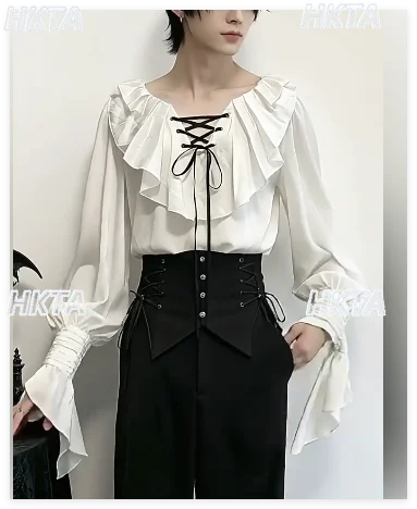 Conjunto de Pantalones Negros de Cintura Alta y Blusa Holgada con Volantes, Cuello en V y Mangas Acampanadas Estilo Gótico, Medieval, Lolita, Y2K para Mujer