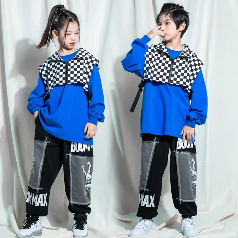 Girl Boy Jazz Dance Costume Clothes Kids Teenage Street Wear Hip Hop Clothing Blue Sweatshirt Hoodie Vest Tops Joggers Pants For