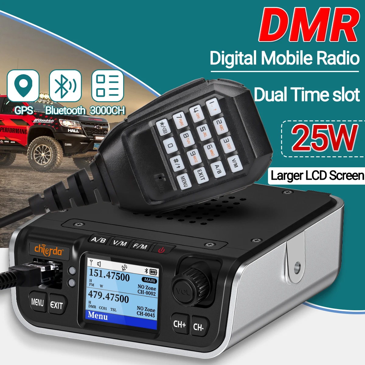 Chierda M520D Dual Band DMR Digital Mobile Radio 25W GPS Dual Mode Analog Dual Time Slot Bluetooth 3000CH VHF UHF Walkie Talkie