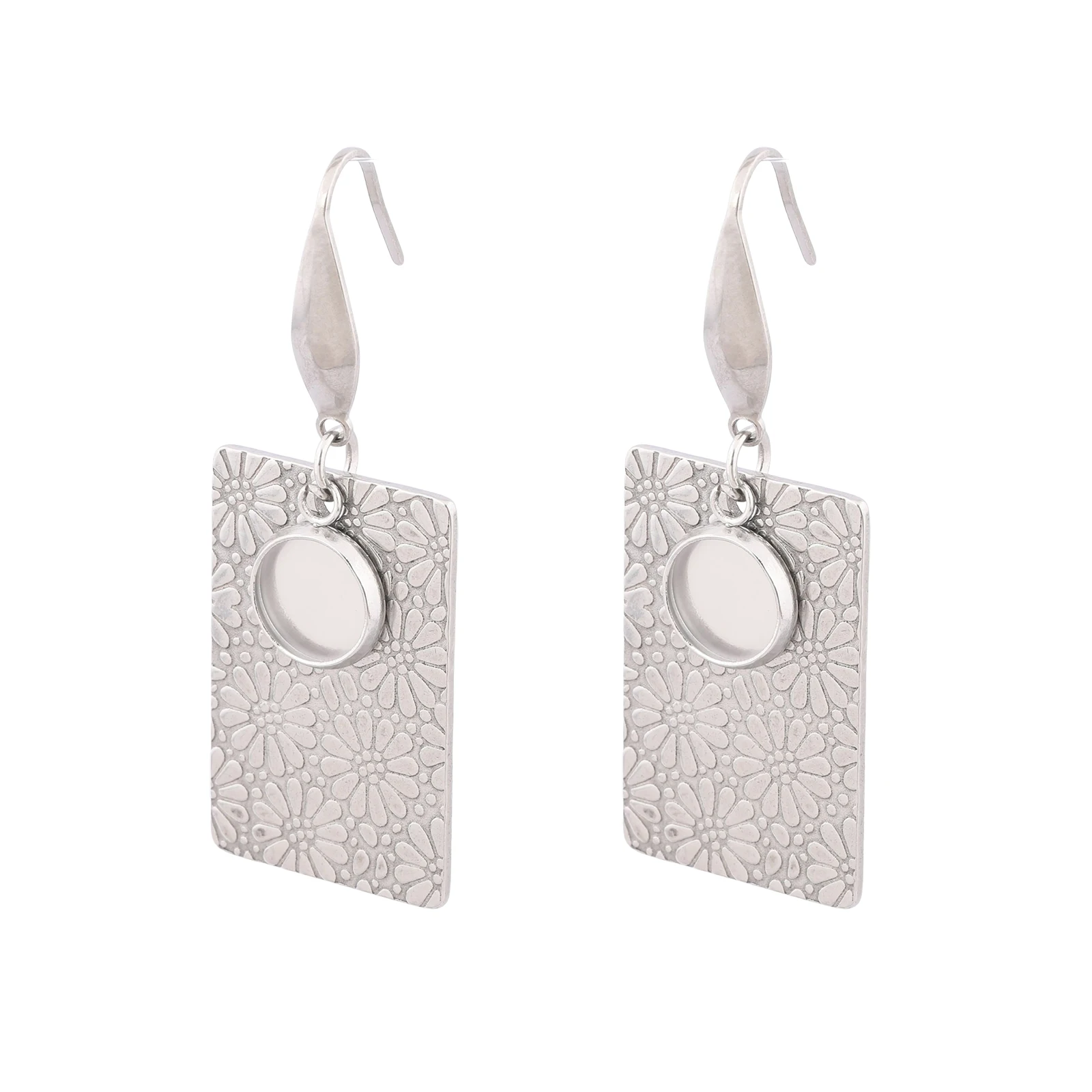 10pcs Stainless Steel Rectangle Flower textured Earring Base Blanks Dangle Fit 8mm Cabochon Earrings Bezel Settings Diy