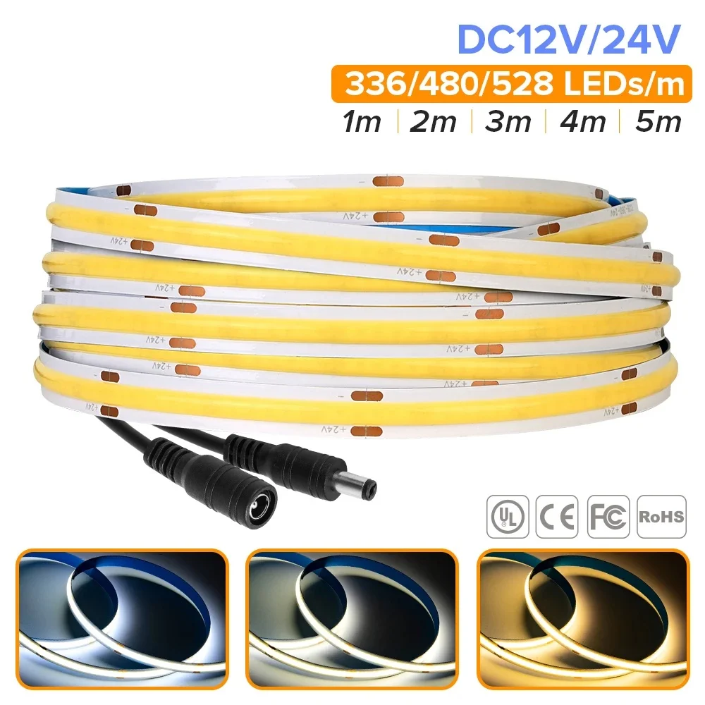 

FCOB LED Strip Light 336 480 528 LED High Density Flexible FOB COB Led Light RA90 Warm Nature Cool White Linear Dimmable 12V 24V