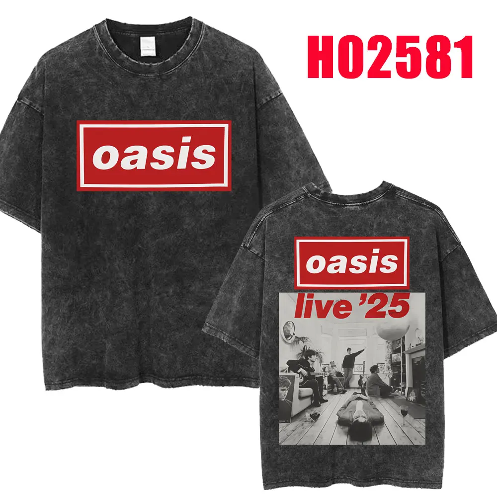 Rock Band O-Oasis Live 25 Tour 2025 Washed T Shirt Men\'s Hip Hop Vintage T-Shirt Oversized Cotton T Shirts Fans Gifts Streetwear