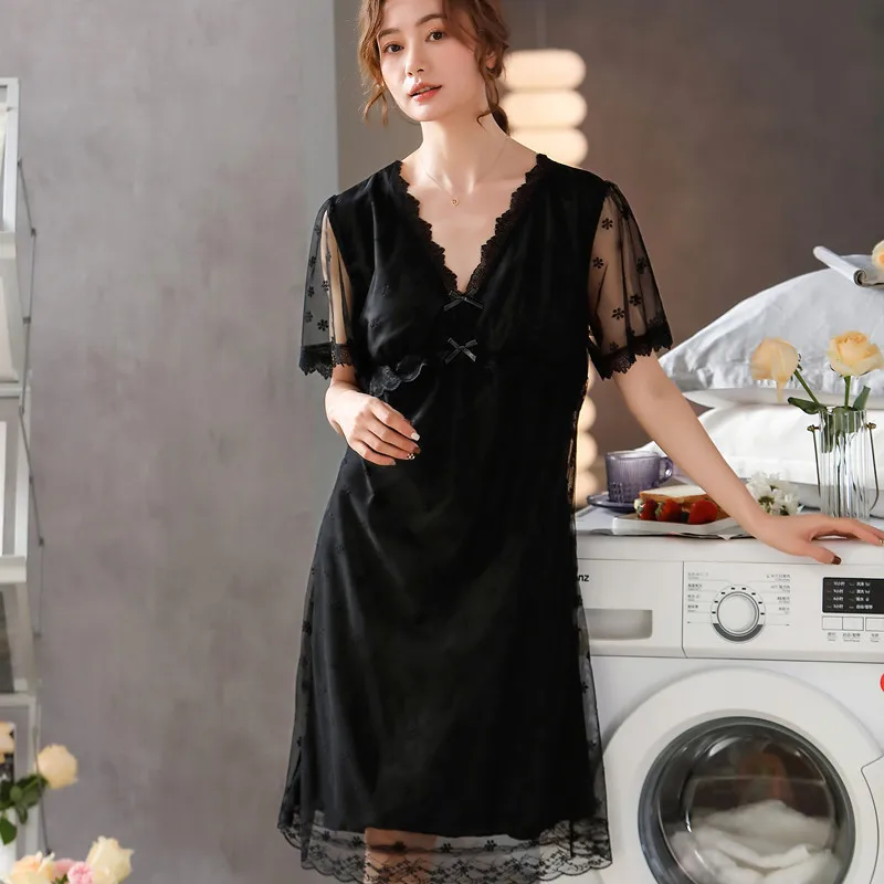

Sexy New Lace Sleeve Nightdress For Women Palace Style Lace Nightgown Sleepwear Bathrobe Sleepdress Loose Rayon Home Wear