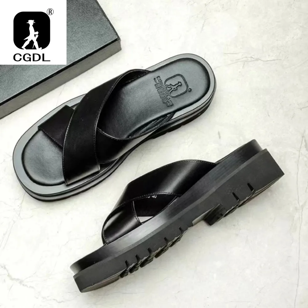 Luxury Mens Leather Slippers 2024 New Style Genuine Leather Outdoor Sandals Fashion Platform Business Slippers Summer Man Shoes