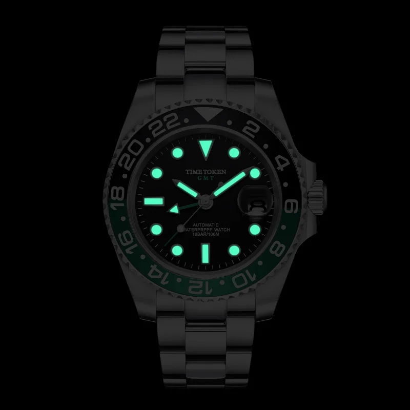 TIME TOKEN Men's Mechanical Watch - Luxury Ceramic Bezel Automatic GMT 10bar Waterproof Sapphire Glass New Design