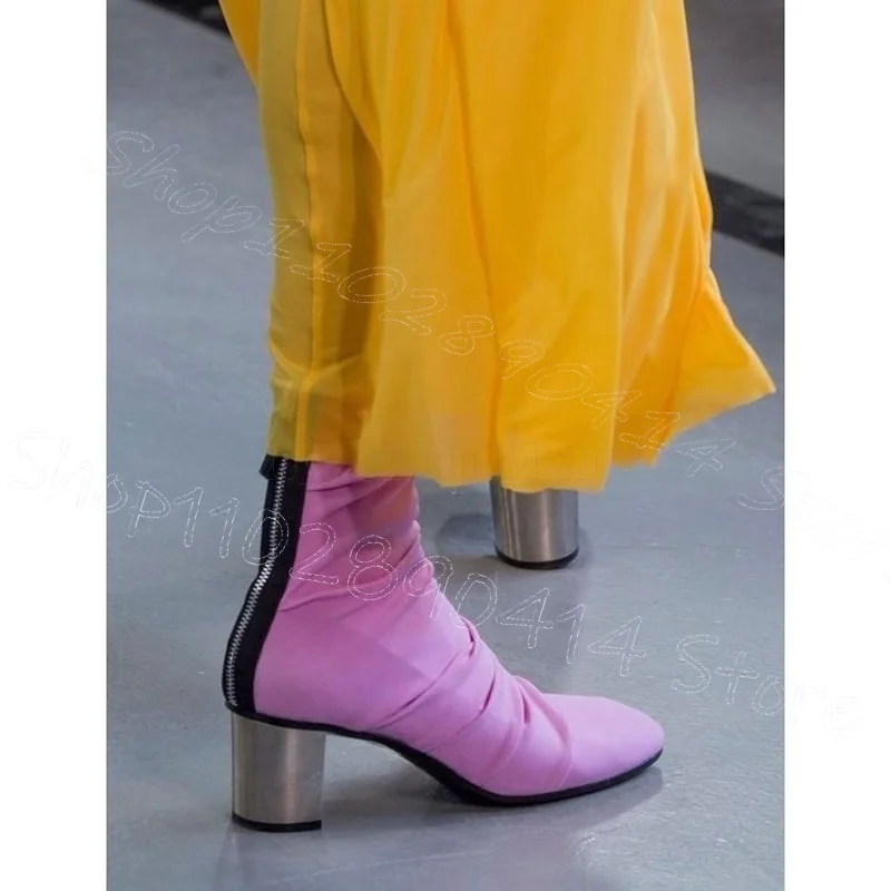 

Rose Red Pleated Design Mid Calf Runway Boots Back Zipper Women Shoes Chunky High Heels Party Banquet 2025 Zapatos Para Mujere