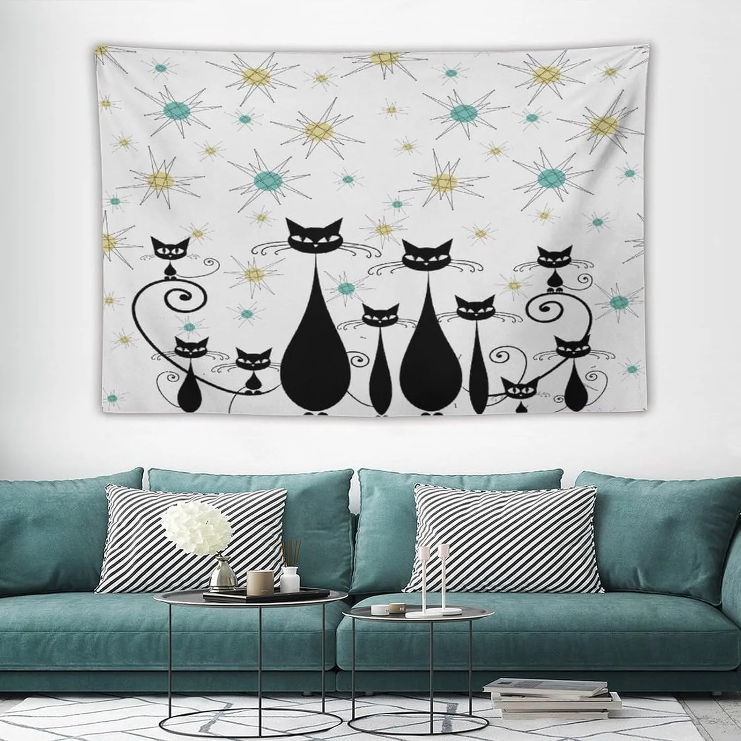 1pc Black cat starburst retro pattern tapestry, polyester fabric, machine washable, suitable for bedroom and living room.