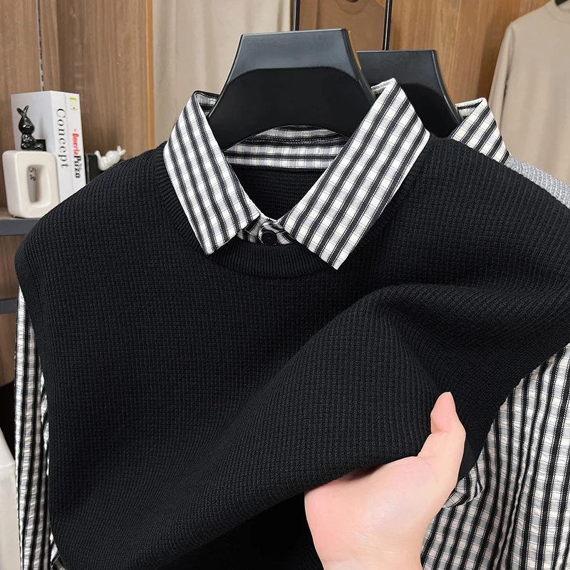 

Роскошный мужской осенний вязаный двухсекционный трендовый свитер с длинными рукавами, модное нижнее белье для отдыха, мужская одежда