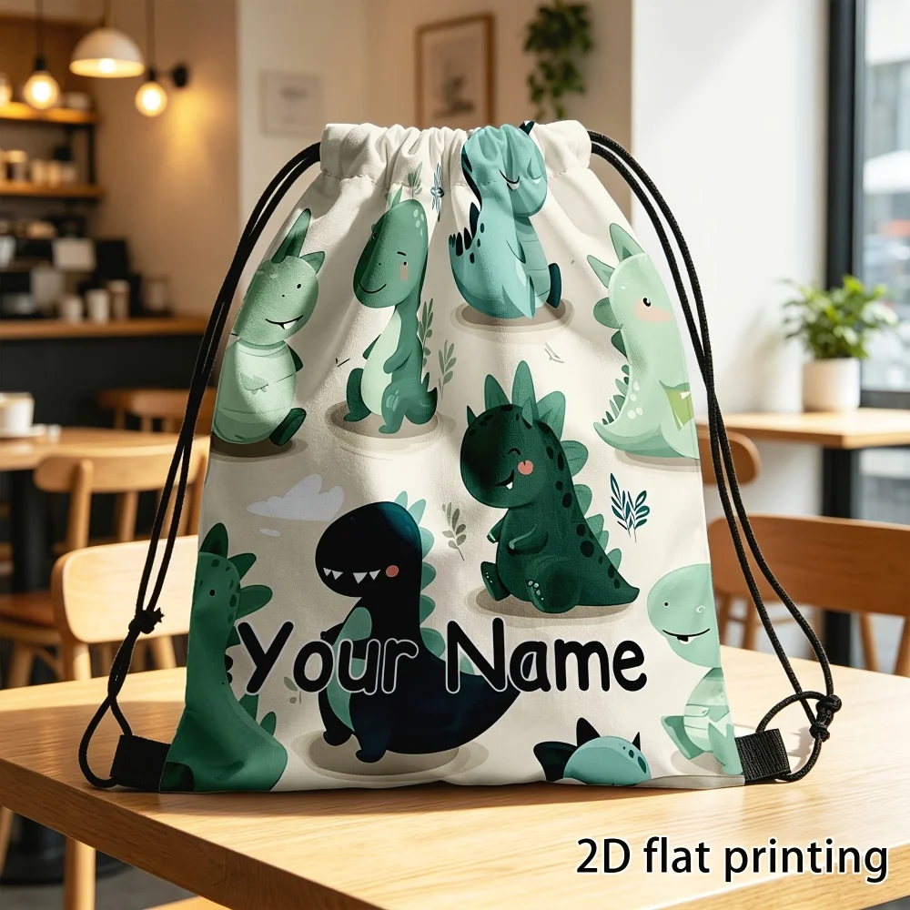 1Pc Custom Name/Text Cute Dinosaur Pattern Drawstring Backpack, Lightweight Sports Bag, Gym Storage Bag, Outdoor Travel Rucksack