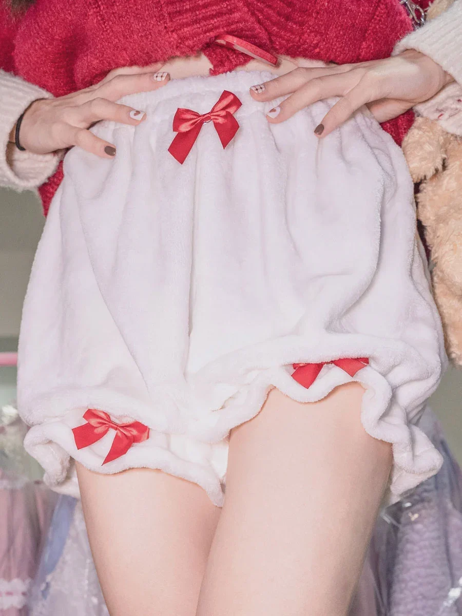 Girl's Sweet Lolita Bloomers White Bows Short Plush Lolita Shorts