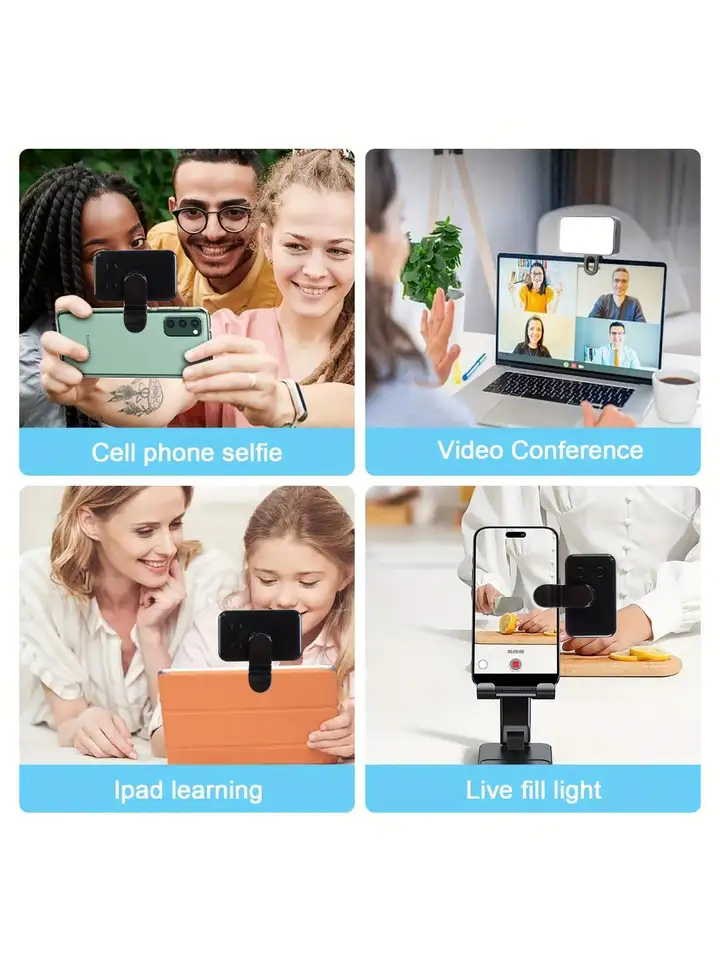 Luz de anillo LED para selfies recargable con 3 modos y clip para teléfono, cuentas de alta calidad, alimentación USB para smartphones, tablets y laptops 6