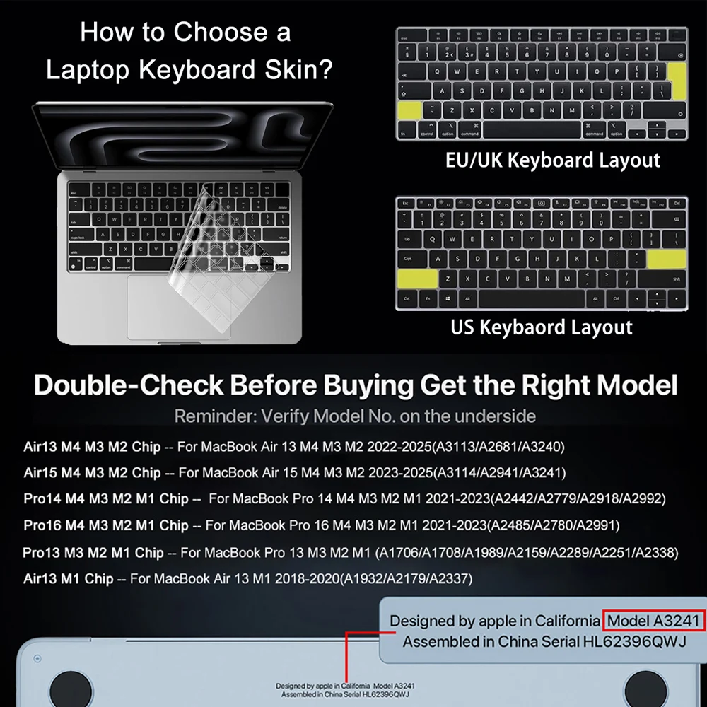 لملصقات لوحة المفاتيح الأمريكية، واقي رفيع للغاية لجهاز MacBook Air13.6 "15" M4 M3 M2، MacBook Pro 14 "16" M4 M3 M2 M1 Pro Max