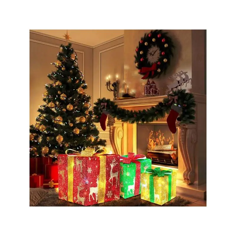 

Set of 3 LED Lighted Christmas Gift Boxes with Ribbons, Battery Powered & Waterproof for Indoor/Outdoor Holiday Decor