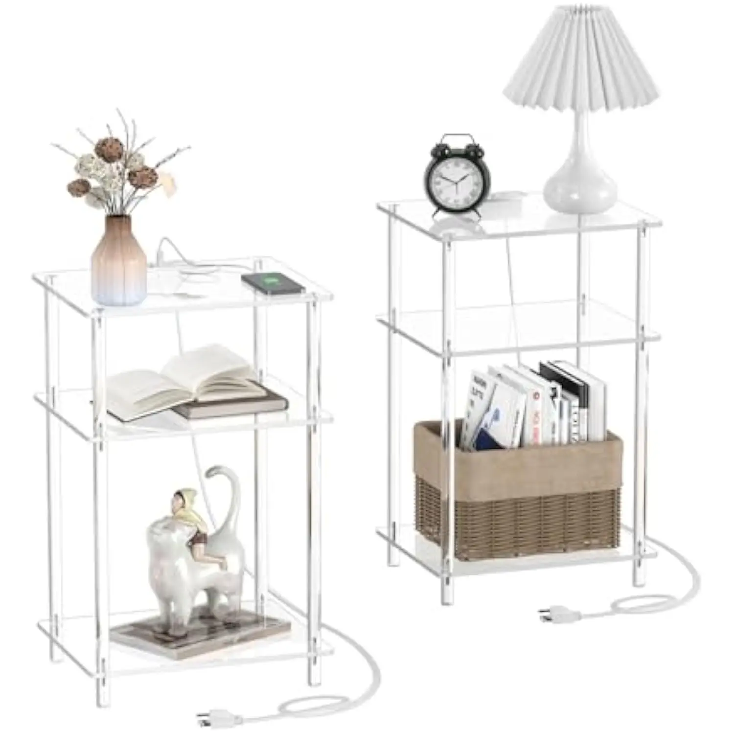 

Акриловый приставной столик с зарядной станцией - 3-х уровневый зарядный столик, набор из 2 предметов - Прозрачная прикроватная тумбочка с USB-портами