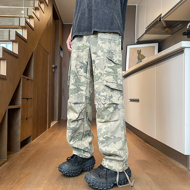 New 2024 Summer Men's Camouflage Cotton Work Pants Loose Fit Wide Leg Cargo Pants Casual Trousers