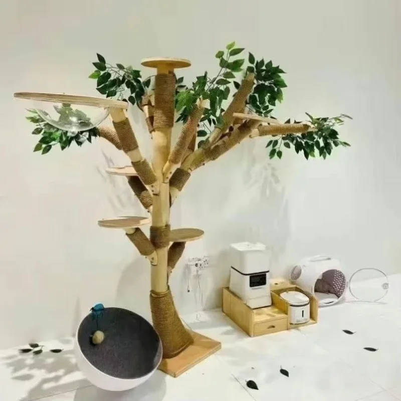 Solid Wooden Cat Bed of The Cat Climbing Frame Integrates Toy Scrapers That Are Wear-resistant and Hemp Rope Tracks