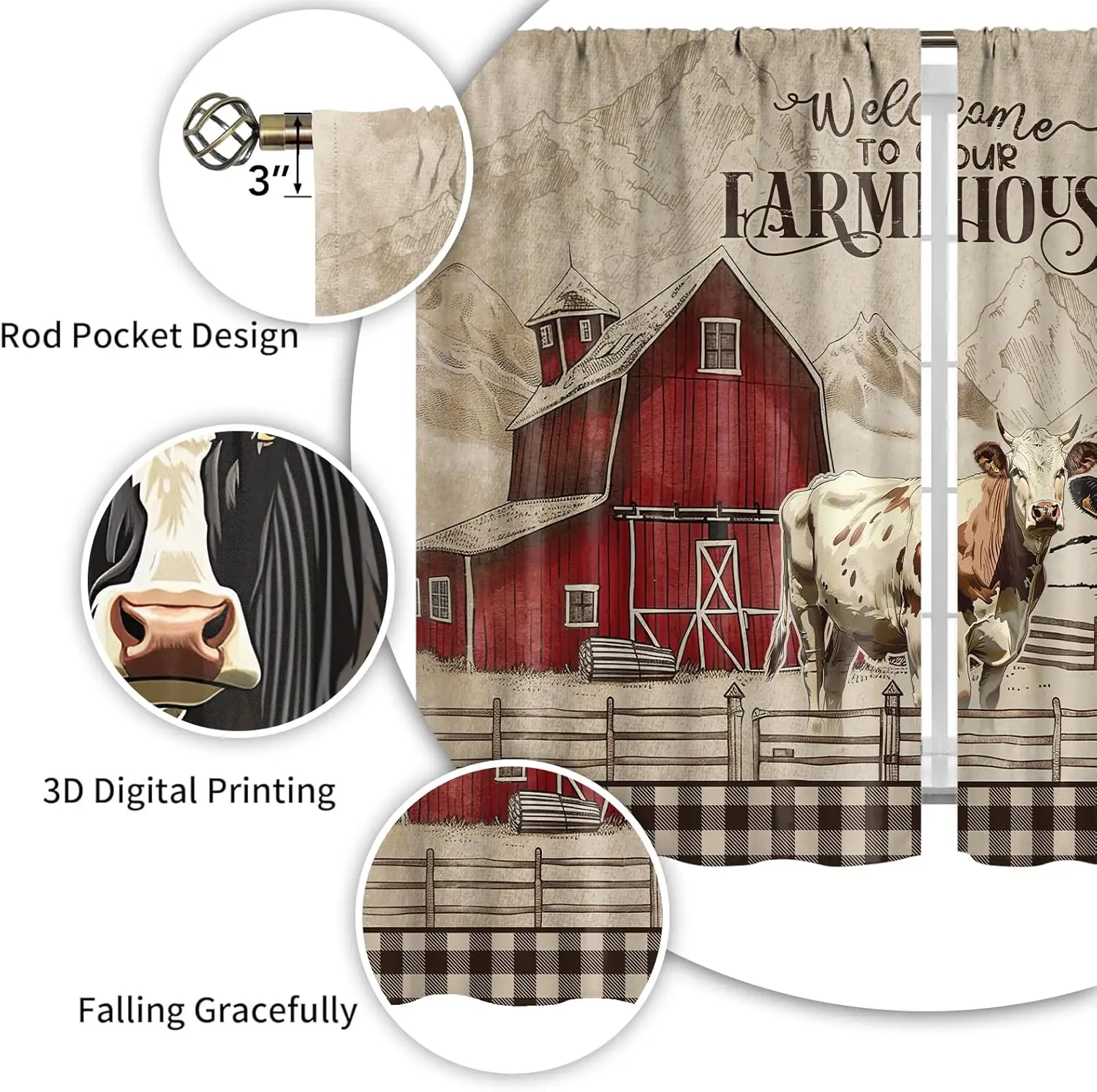 Farmhouse Farm Kitchen Curtains Rustic Vintage Cute Animal Short Curtains for Windows Country Cow Barn Buffalo Checked Windmill