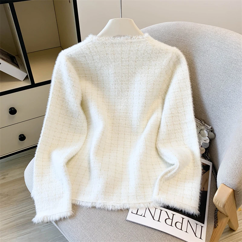 Cárdigan de punto elegante para mujer, suéter con bordes crudos y borlas de pequeña fragancia para otoño e invierno, prendas de vestir femeninas dulces con botones de manga larga elegantes