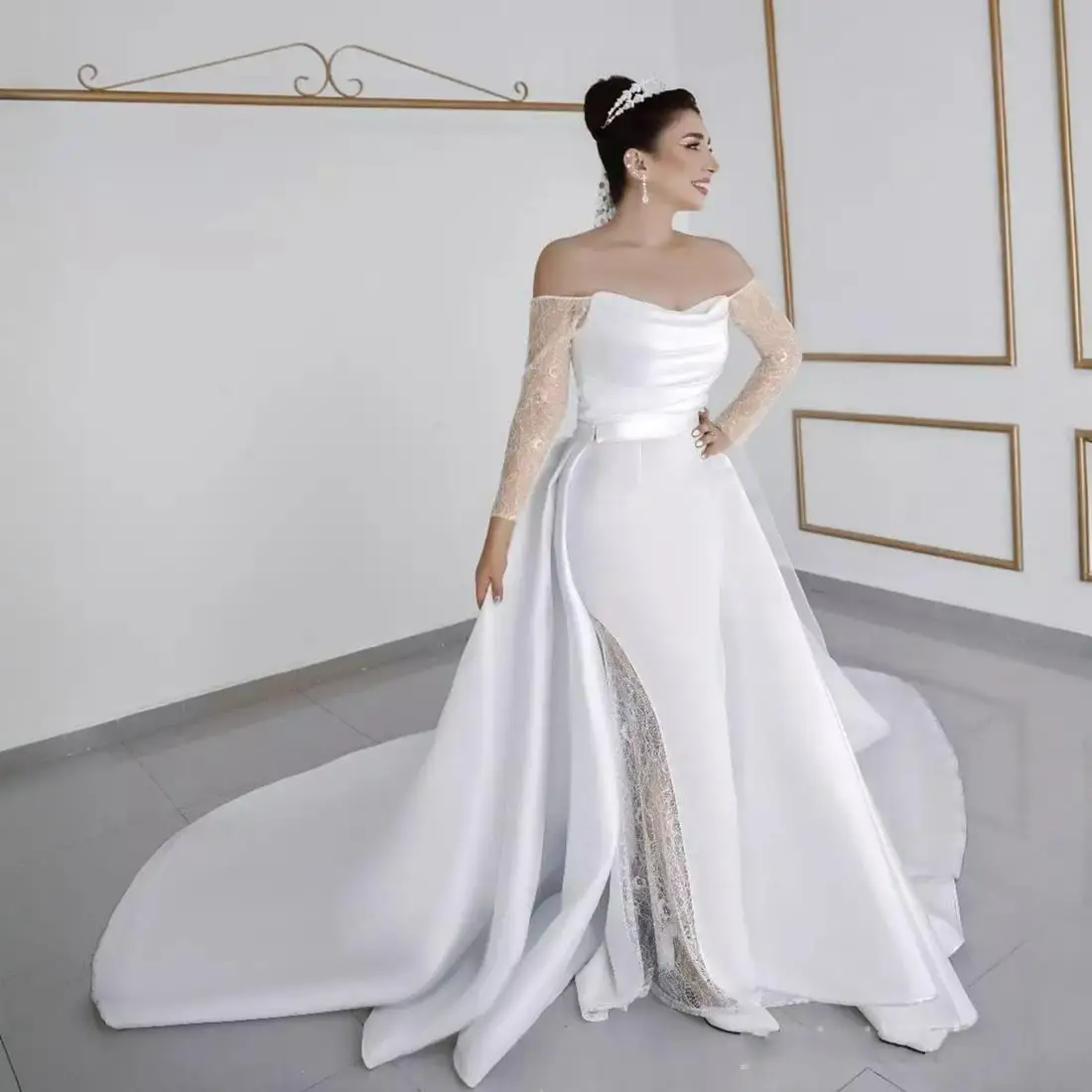 Customized Strapless Satin Mermaid Wedding Dress with Removable Skirt Robe De Mariee Lace Long Sleeves  Bridal Gown