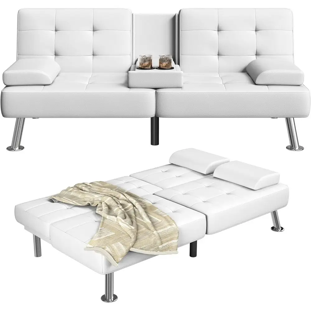 

Adjustable Sofa Sleeper Couch with Cup Holders, White PU Leather for Living Room or Office