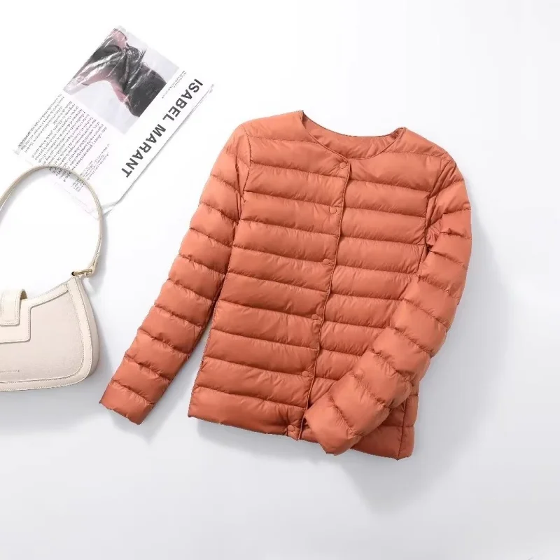 Women's Ultralight Down Liner Jacket, Collarless Packable Puffer Coat, Warm Thin Winter Layer, O-Neck Portable Padded Parka