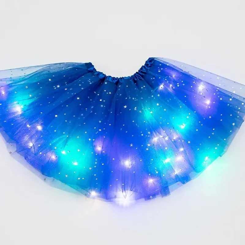 Glowing Light Women Tulle Star Skirt Short Tutu Mini Skirt Children Fancy Ballet Dancewear Party Costume Ball Gown Mini Skirt