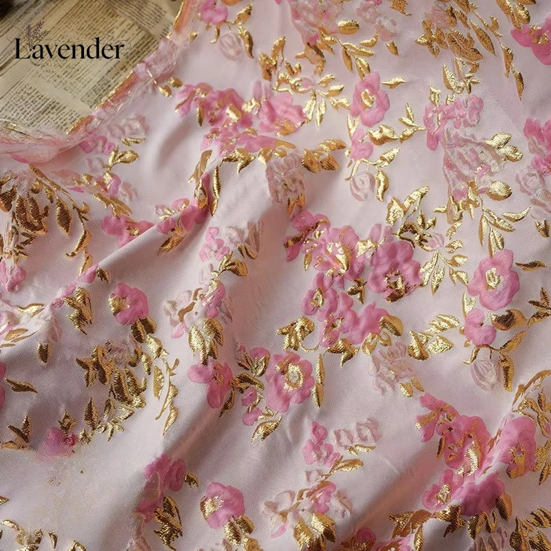 Light pink gold wire color woven hair flower color jacquard satin crepe fabric, used to make party dress cheongsam fabric