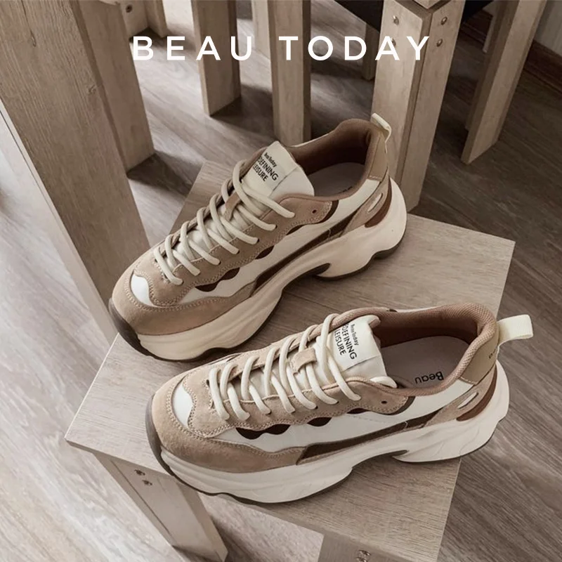 BeauToday Platform Sneakers Women Suede Leather Patchwork Fabric Round Toe Mixed Color Lace-Up Chunky Sole Ladies Trainers 29430 image 2