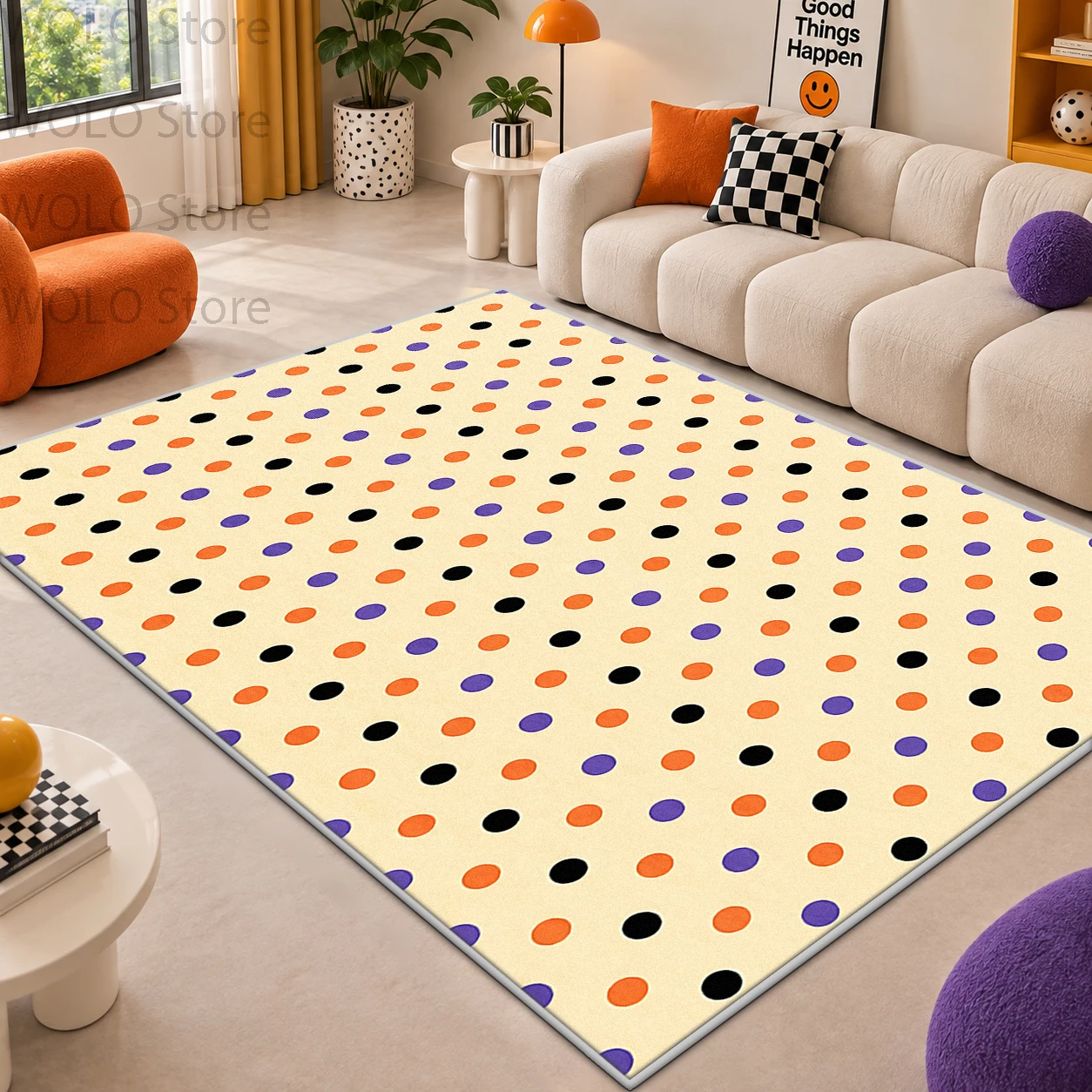 Pop Art Vintage Color Block Living Room Carpet Large Area Room Decoration Carpet with Polka Dot Graffiti Non-slip Soft Floor Mat
