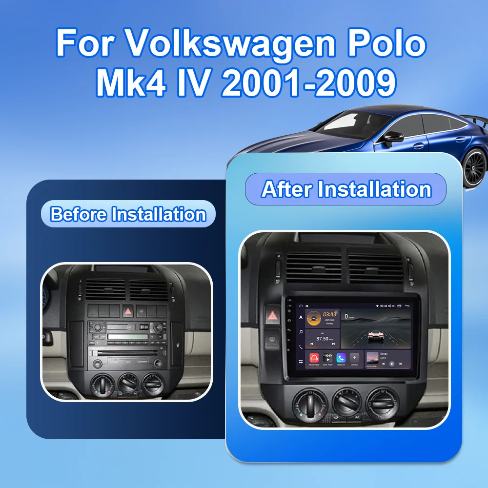 Android 15 Radio Stereo For Volkswagen VW Polo MK4 6Q 9N 9N3 2004- 2009 Auto Wireless CarPlay Multimedia Player GPS Navigation