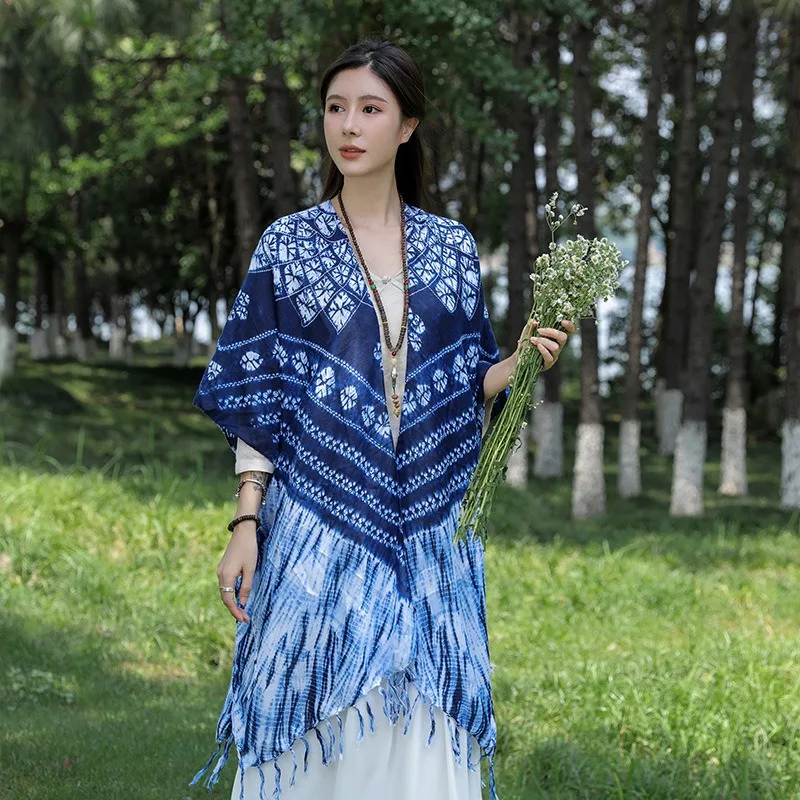 Indigo tie-dye shawl travel sunscreen poncho thin section tassel poncho cardigan silk scarf ethnic style