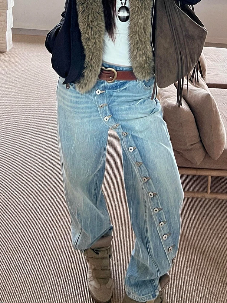 

Женские джинсы в американском стиле Spicy Girl, рваные, с эффектом потертости, ретро, с боковыми пуговицами, свободные, прямые, в пол