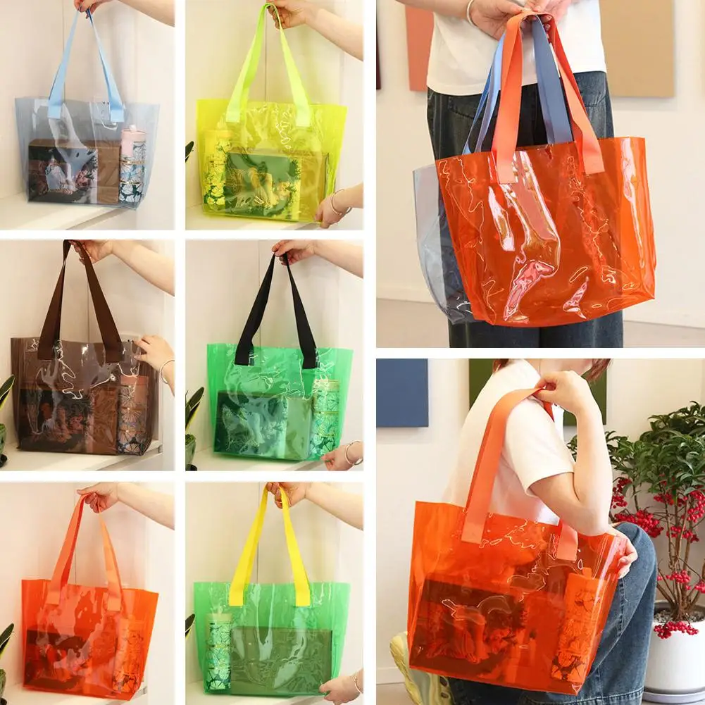 Portable Jelly Color PVC Transparent Bag Reusable Storage Bag Women Handbag Shoulder Pouch Tote Bag Single Shoulder Bag Summer