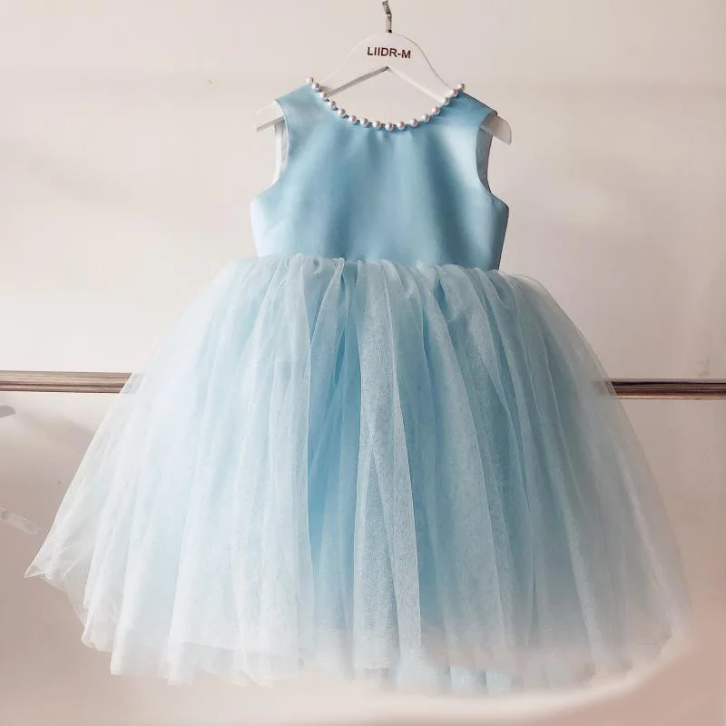 Summer Blue Flower Girls Satin Tulle Princess Dress for Wedding Pink Kids Birthday Pageant Dresses for 1-14 Yr V-back Bow Green