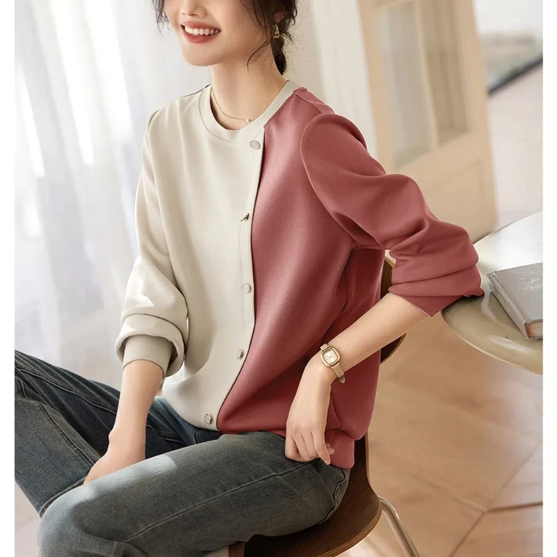 Spring Autumn Contrast Color Crew Neck Button Lantern Long Sleeve Pullover Women's Clothing Loose Casual Hoodies All-match Tops