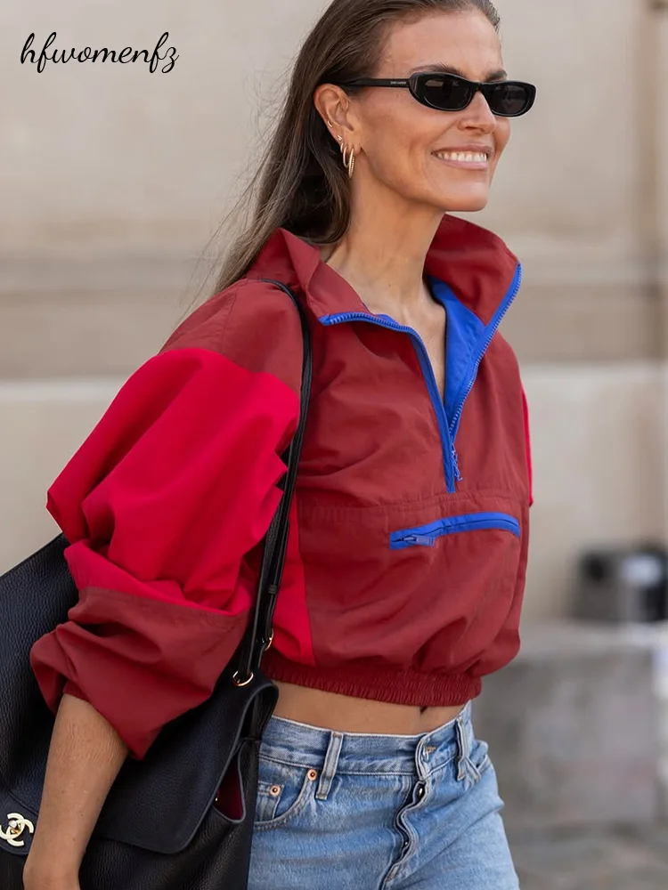 Women's Contrast Cropped Jacket Stand Collar Long Sleeve Zip Long Sleeve Pockets Loose Pullover 2026 Autumn Lady Outwear New